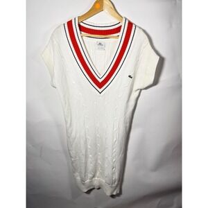 Lacoste Sport Tennis Sweater Dress Cable Knit V Neck Red Stripe White Women's 40